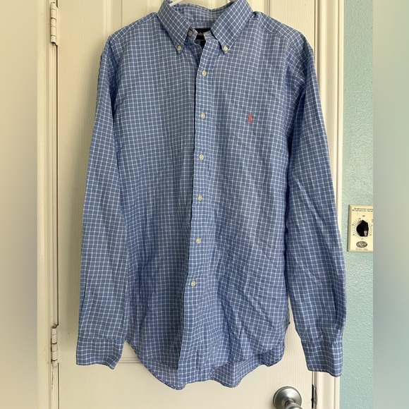 Ralph Lauren Polo Blue Check Cotton Button Down Shirt L/S Mens L pink pony - Picture 1 of 4